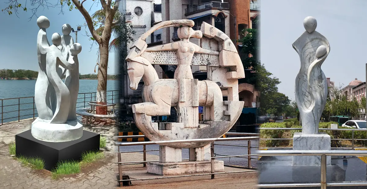 Three diverse abstract white sculptures: a family by water, a dynamic figure with a horse, and a fluid human form, showcasing modern artistry.