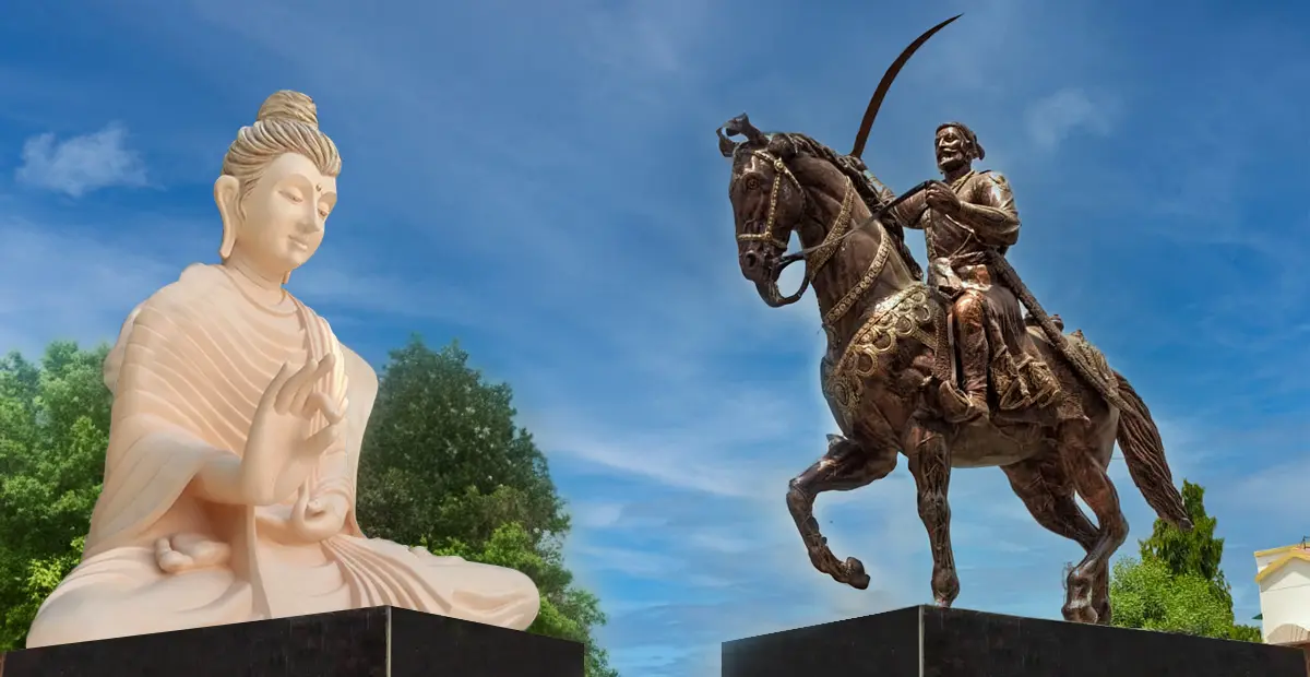 Buddhist and historical warrior statues side-by-side under a blue sky, representing spiritual and cultural heritage.
