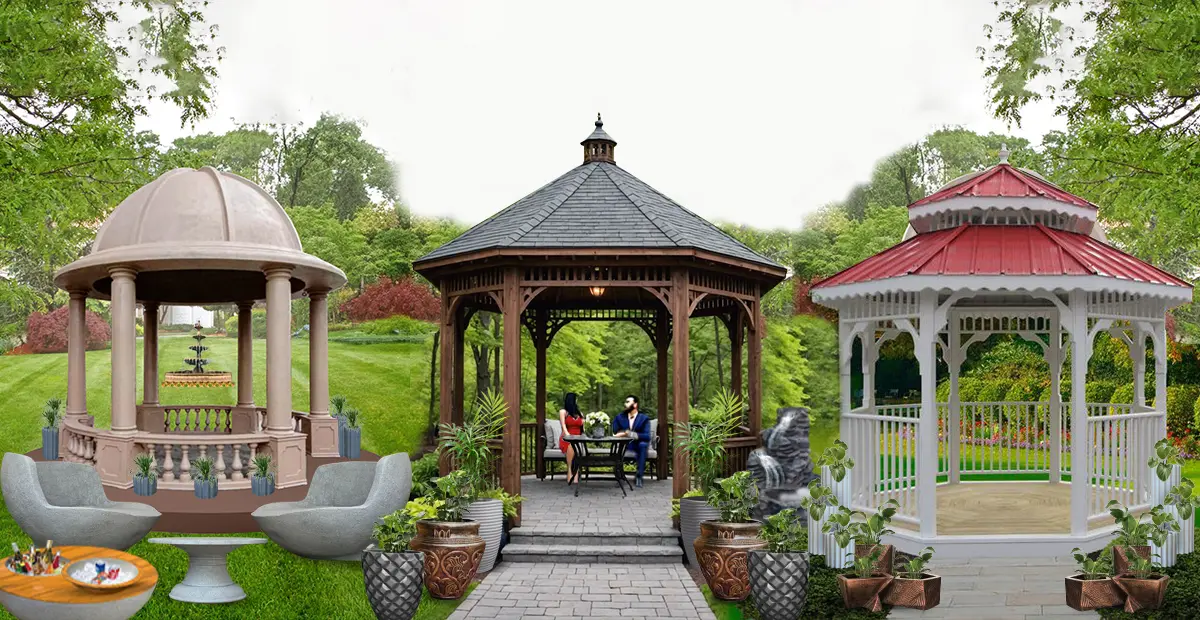 Collection of garden gazebos: modern dome, traditional wooden, and ornate white/red styles for outdoor living spaces.